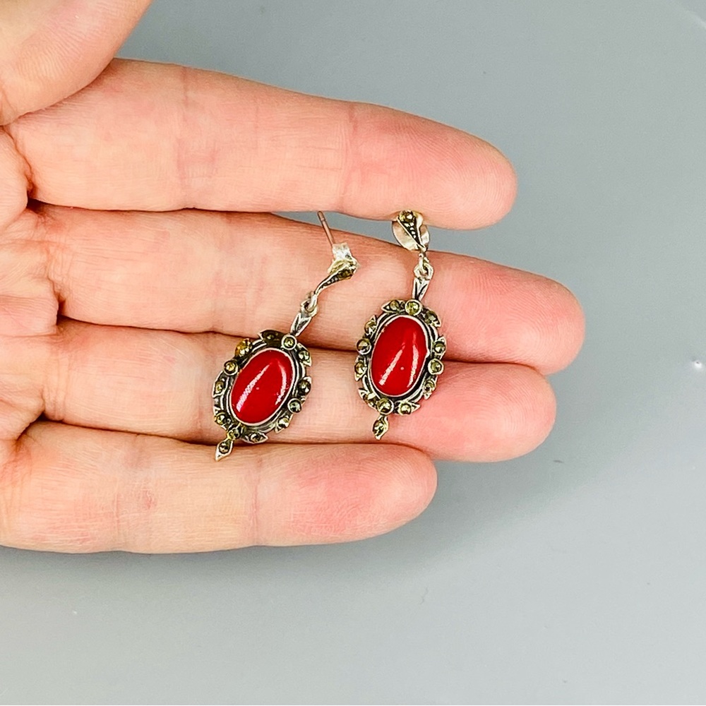 Vintage Sterling Silver Coral Red Cabochon & Marcasite Stones Earrings 1980s - Picture 14 of 16
